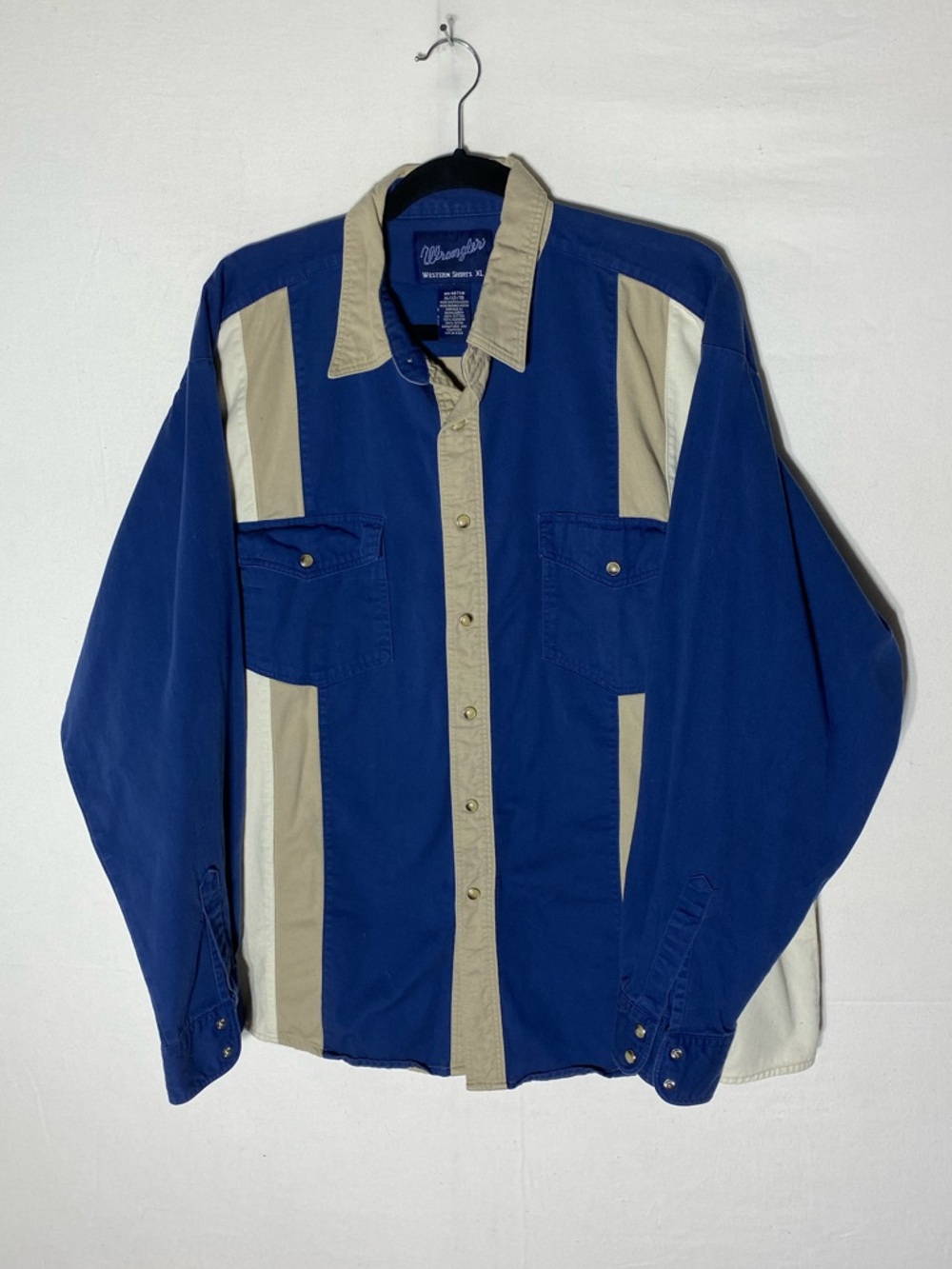 Vintage Wrangler Navy Blue and Beige Striped Cotton Western Button Up Shirt XL